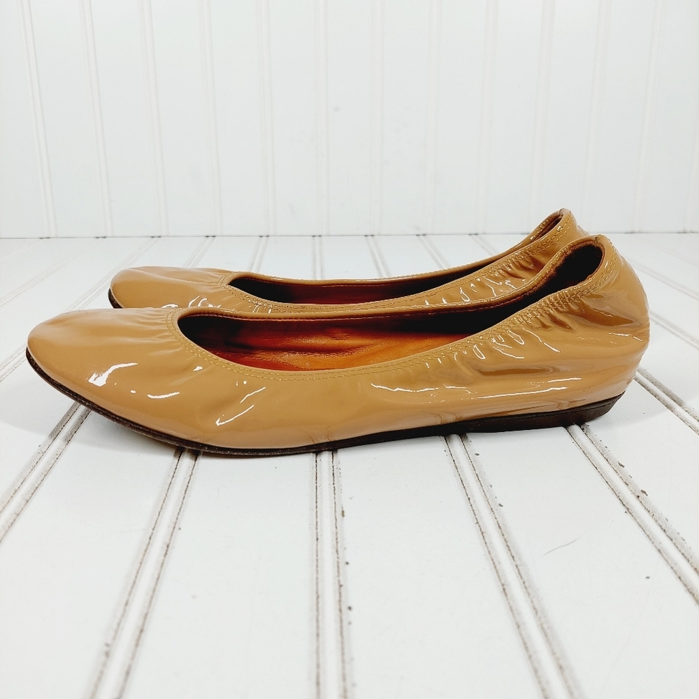 Lanvin Tan Patent Leather Slip On Elastic Upper Comfy Ballerina Flats E359